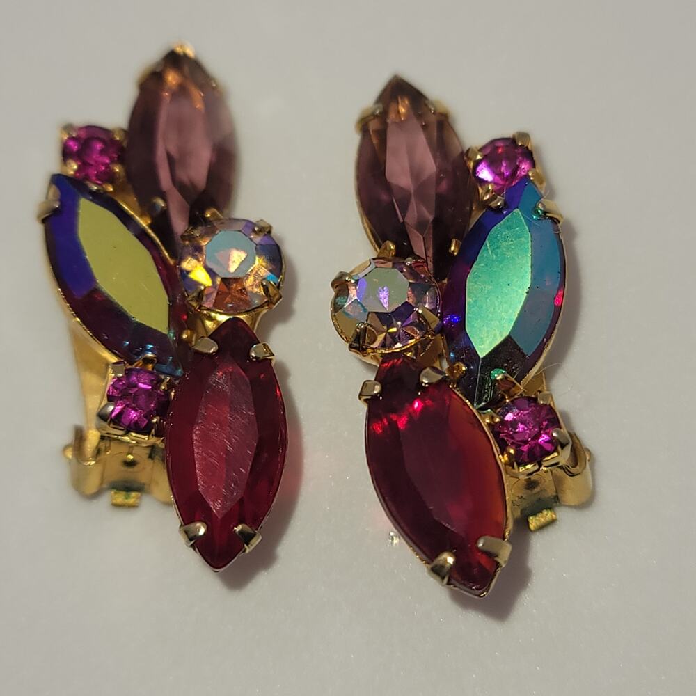 Vintage Verified Juliana D&E Ruby Red Amethyst Purple AB Rhinestone Earrings